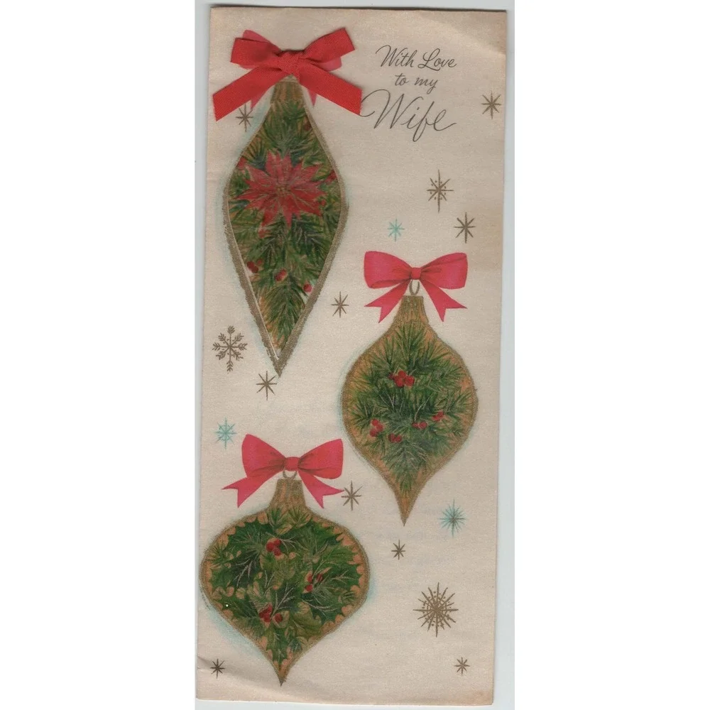 Vintage 1950s Hallmark Christmas Card Wife Slim Jim Ribbon Bows Ornaments